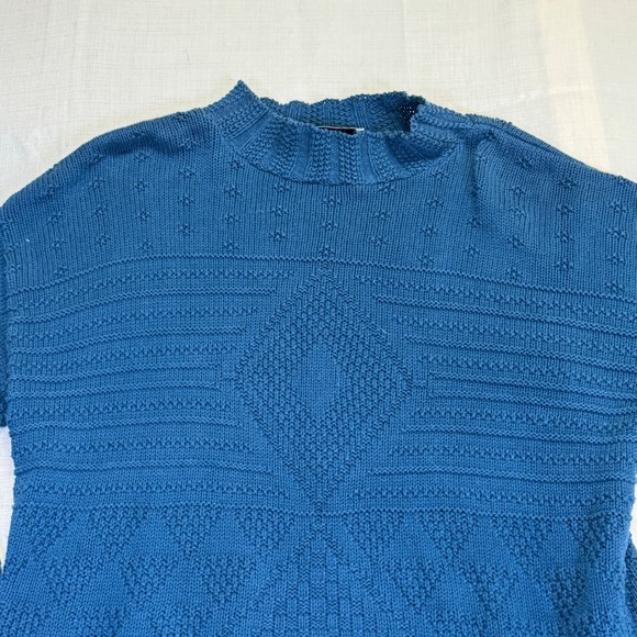 Vtg Bedford Fair‎ Blue Knit Cotton Diamond Pattern Mock Neck Sweater Medium - Picture 2 of 9